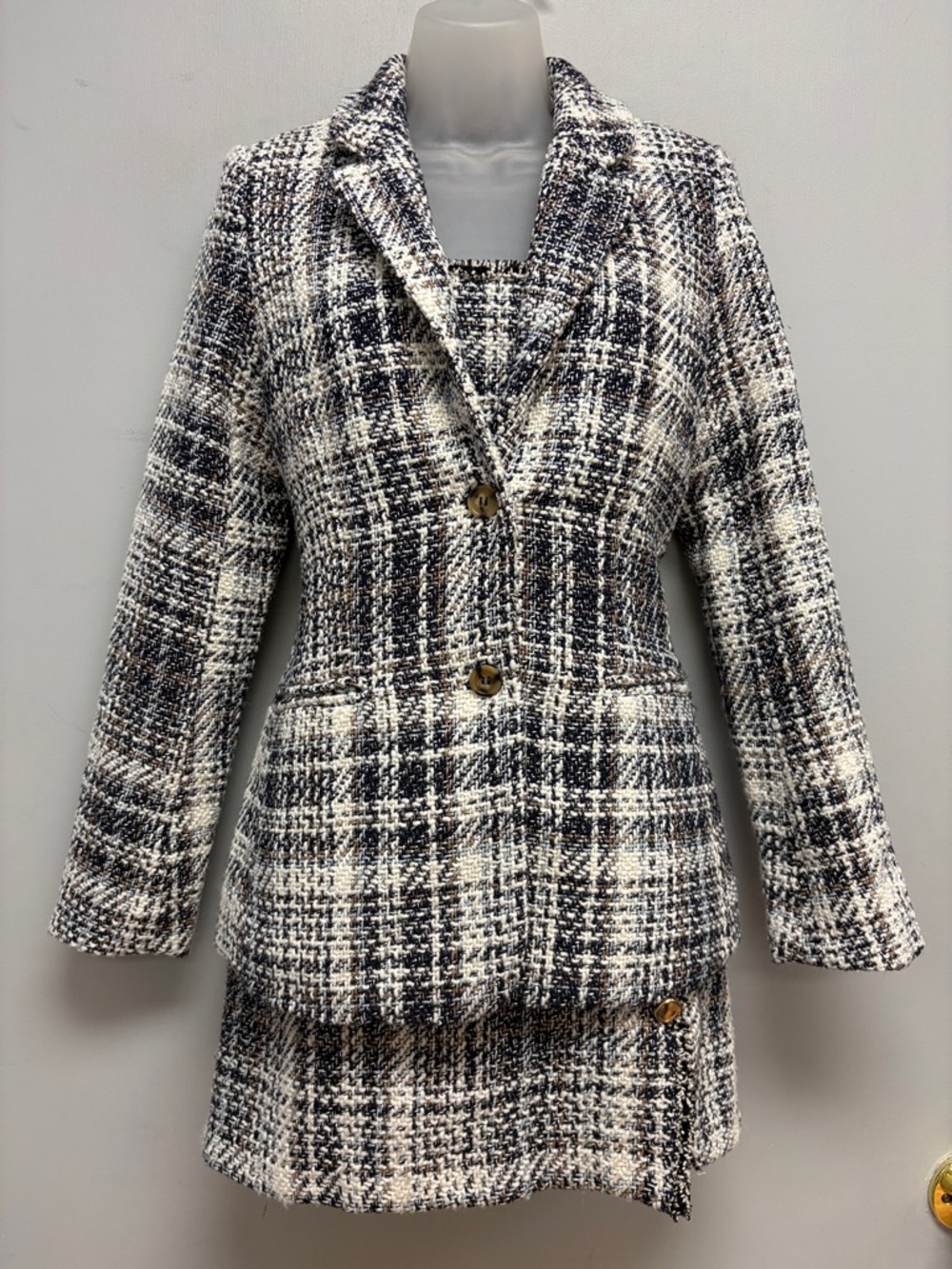 Francesca’s Tweed 2-Piece Set Blazer + Mini Dress | Navy Cream Plaid | XXS/XS